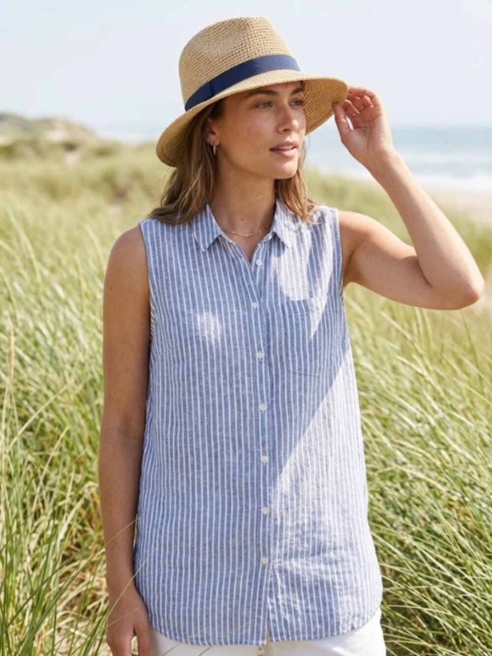 J Jill 100% Linen Tunic Top XL Blue White Striped Sleeveless Coastal Nautical